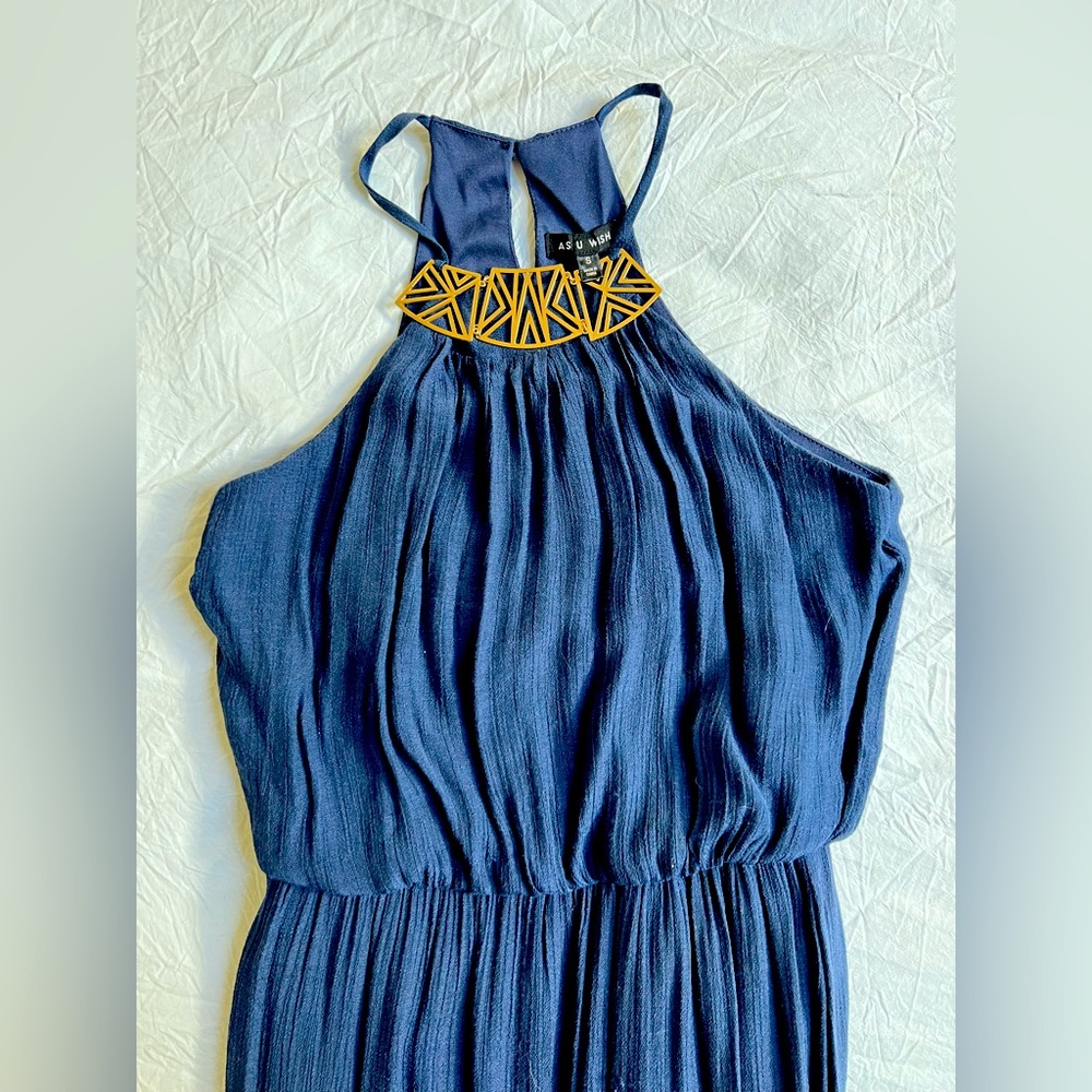 Long, blue, racer back dress with gold neck accent